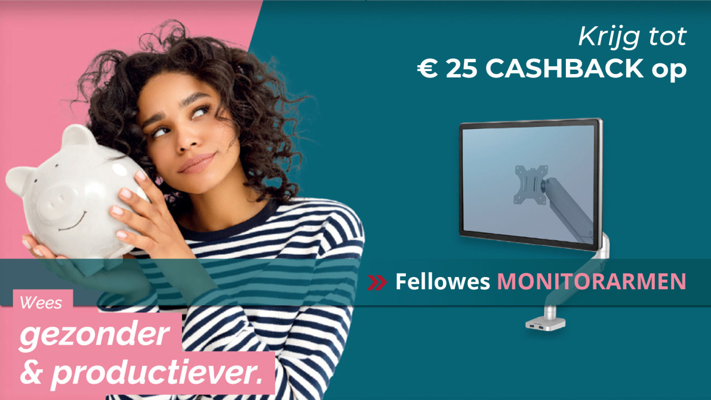 Krijg tot € 25 Cashback op Fellowes monitorarmen | oxeurope.nl