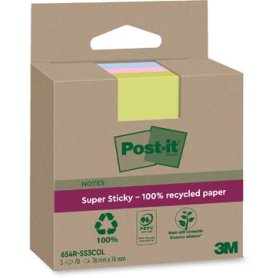 Post-it Super Sticky Notes Recycled, 70 vel, ft 76 x 76 mm, assorti, pak van 3 blokken