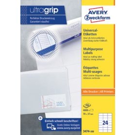 Avery Zweckform 3474, Universele etiketten, Ultragrip, wit, 200 vel, 24 per vel, 70 x 37 mm