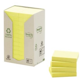 Post-it Recycled notes, 100 vel, ft 38 x 51 mm, geel, pak van 24 blokken