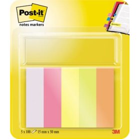 Post-it Notes Markers, ft 15 x 50 mm, geassorteerde kleuren, blister met 5 blokjes van 100 vel