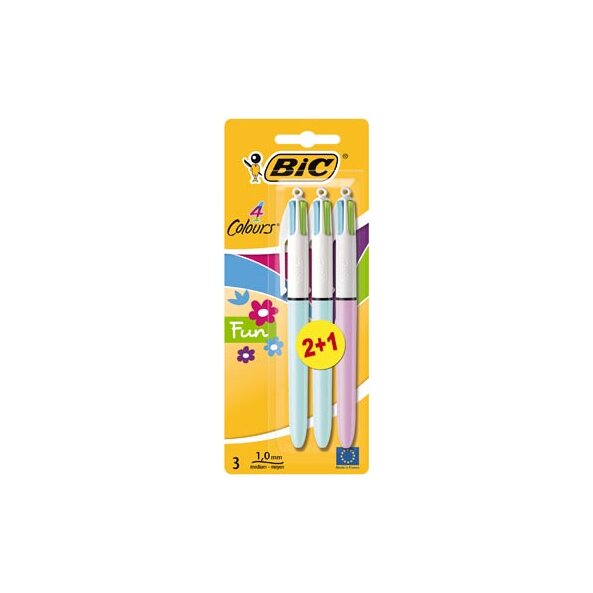 Bic Colours Fun 4-kleurenbalpen, medium, pastel inktkleuren, blister