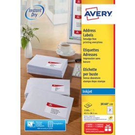 Avery J8160-100 adresetiketten 63,5 x 38,1 mm (b x h), 2.100 etiketten, wit