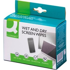 Q-CONNECT Wet & Dry beeldschermreinigingsdoekjes, doos van 20 paar (1 Wet en 1 Dry)