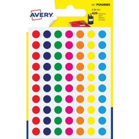 Avery PSA08MX ronde markeringsetiketten, diameter 8 mm, blister van 420 stuks, geassorteerde kleuren